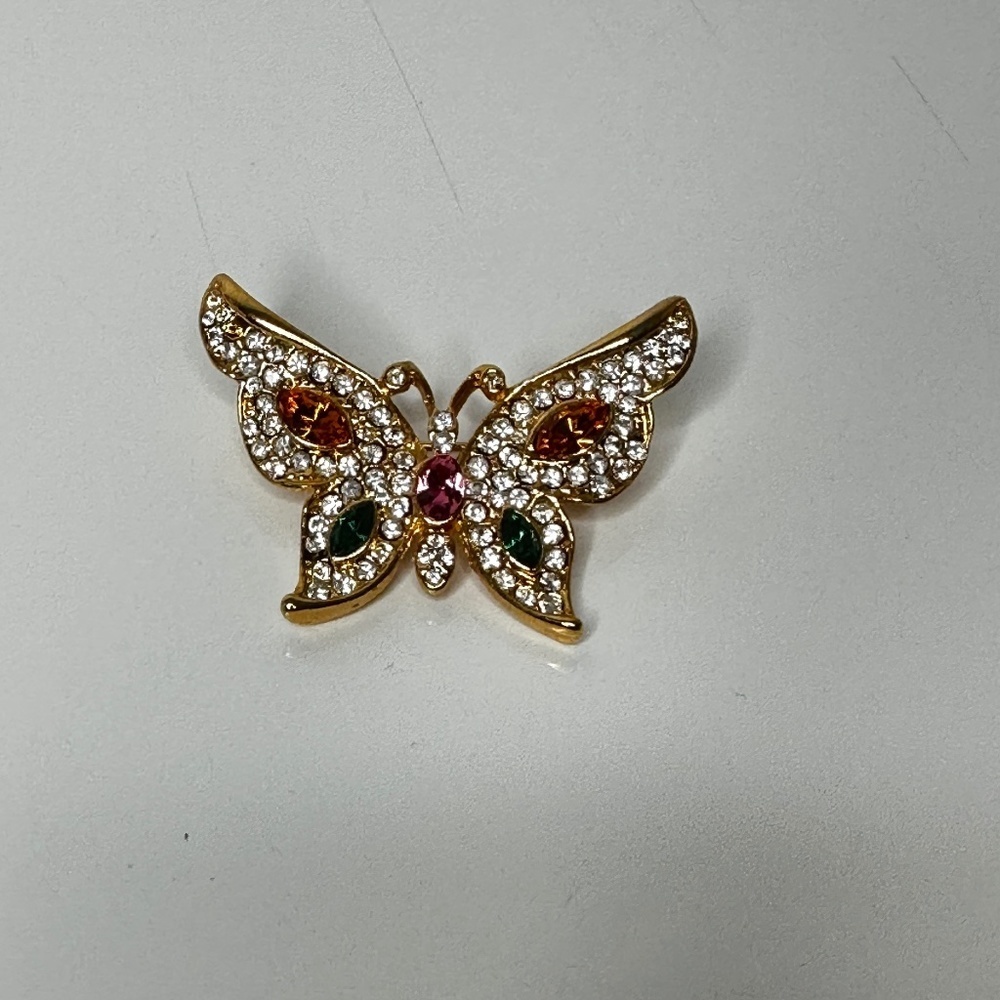 Butterfly‎ Brooch with colorful crystal and gold tone